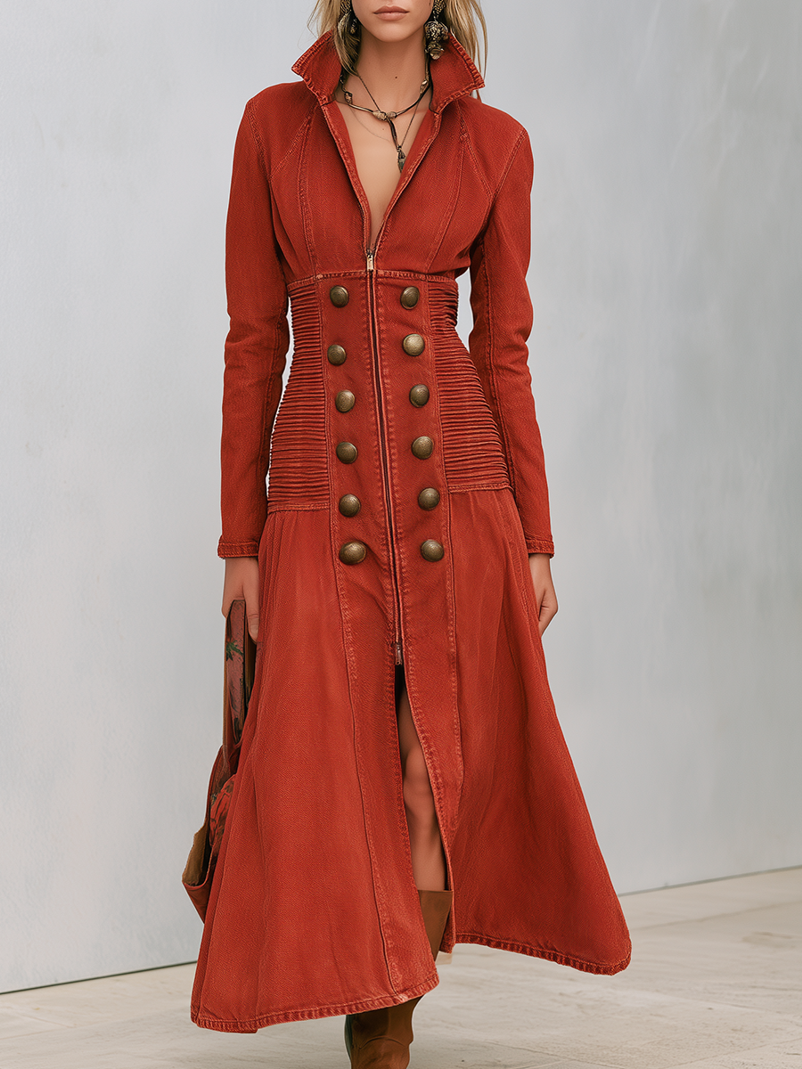 Vintage Military Rust Red Double Breasted Corset Waist Zip Front Denim Maxi Dress