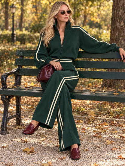 Sporty Retro Casual Color-blocked Striped Green Zip-up Sweatshirt And Pants Set