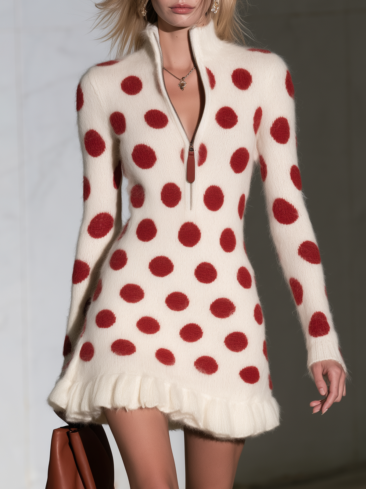 Retro Cream Mohair Polka Dot Ruffle Hem Knit Mini Dress
