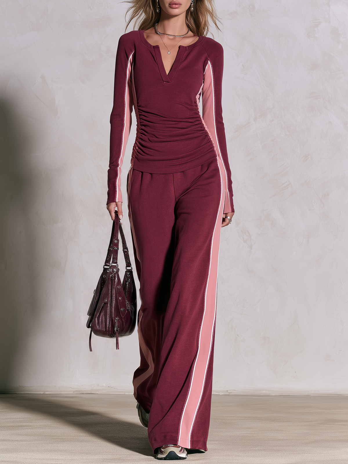 Retro Burgundy Pink Color-Block Sweatshirt Track Set With Wide-Leg Pants