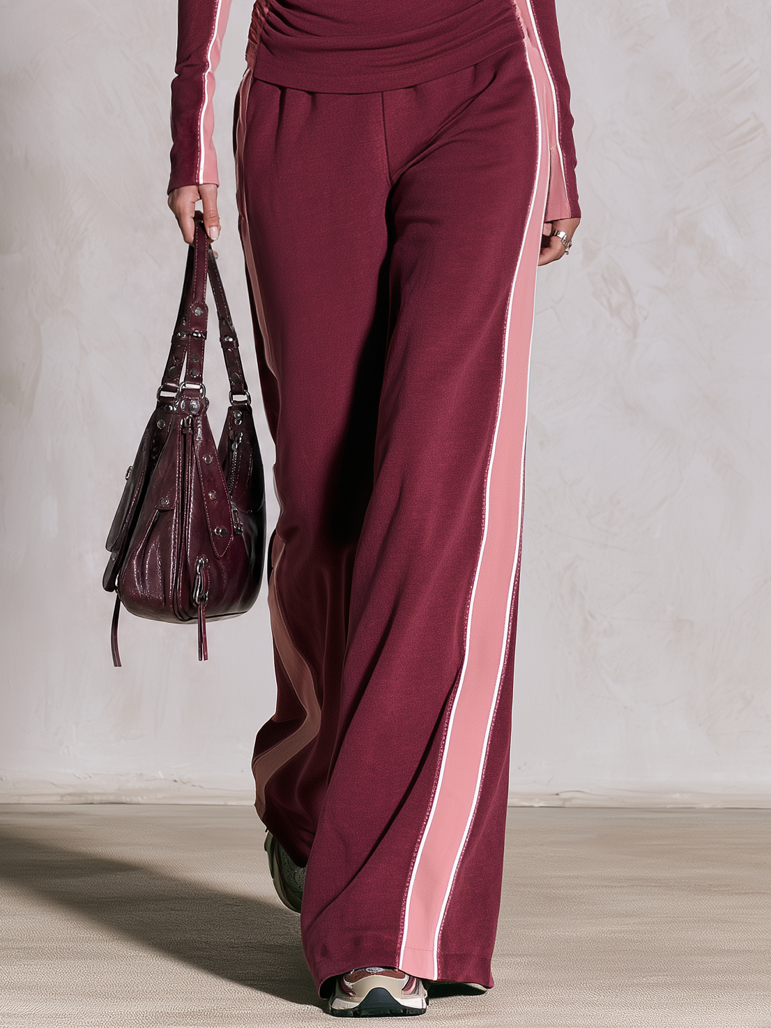 Retro Burgundy Pink Color-Block Sweatshirt Track Set With Wide-Leg Pants