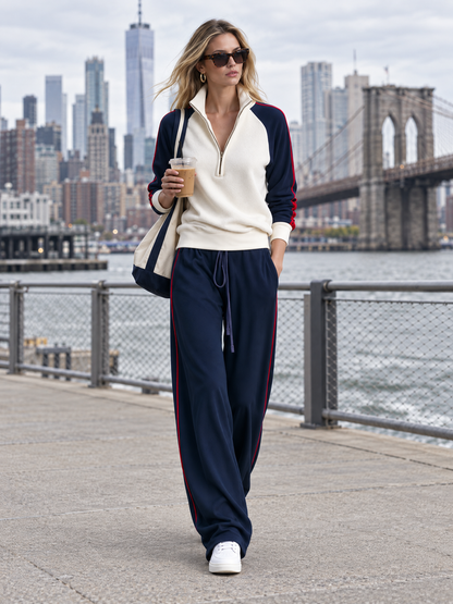 Retro Color-Block Fleece Zip-Up Sweatshirt And Jogger Set For Women