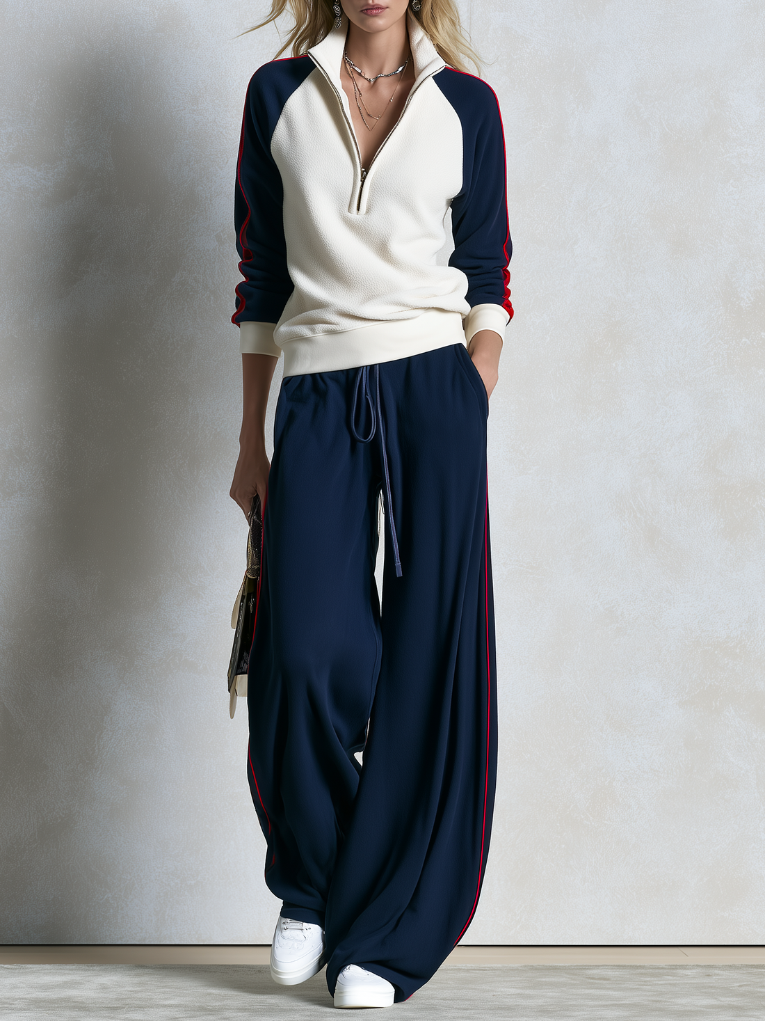 Retro Color-Block Fleece Zip-Up Sweatshirt And Jogger Set For Women
