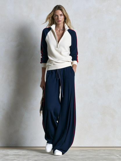 Retro Color-Block Fleece Zip-Up Sweatshirt And Jogger Set For Women