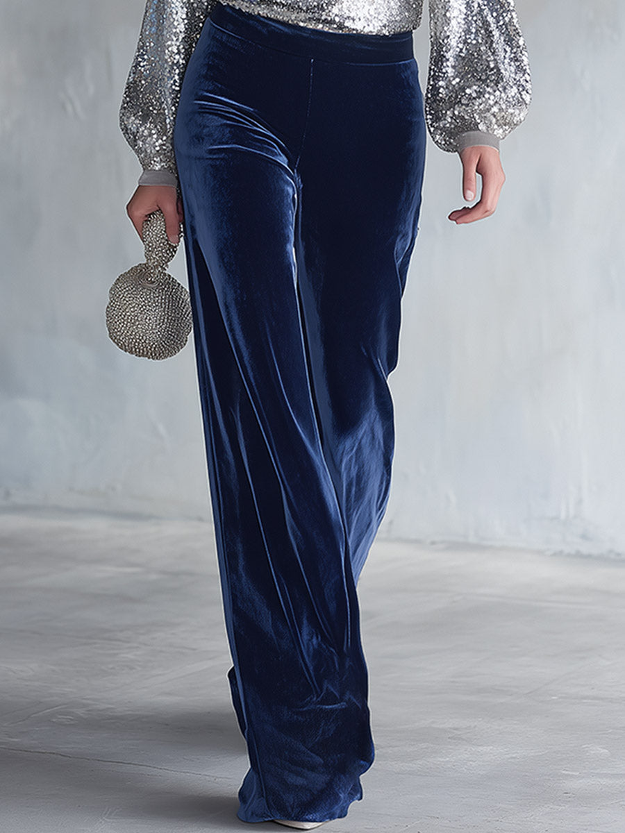 Glamorous Evening Party Silver Sequin V-Neck Top and Blue Velvet Wide-Leg Trousers Set
