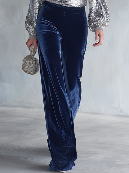 Glamorous Evening Party Silver Sequin V-Neck Top and Blue Velvet Wide-Leg Trousers Set