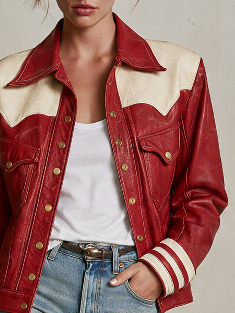 Retro Red Color-blocked Faux Leather Collar And Striped Cuff Jacket