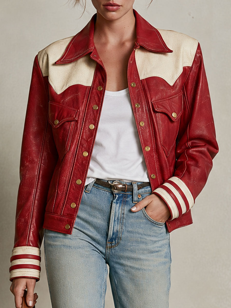 Retro Red Color-blocked Faux Leather Collar And Striped Cuff Jacket