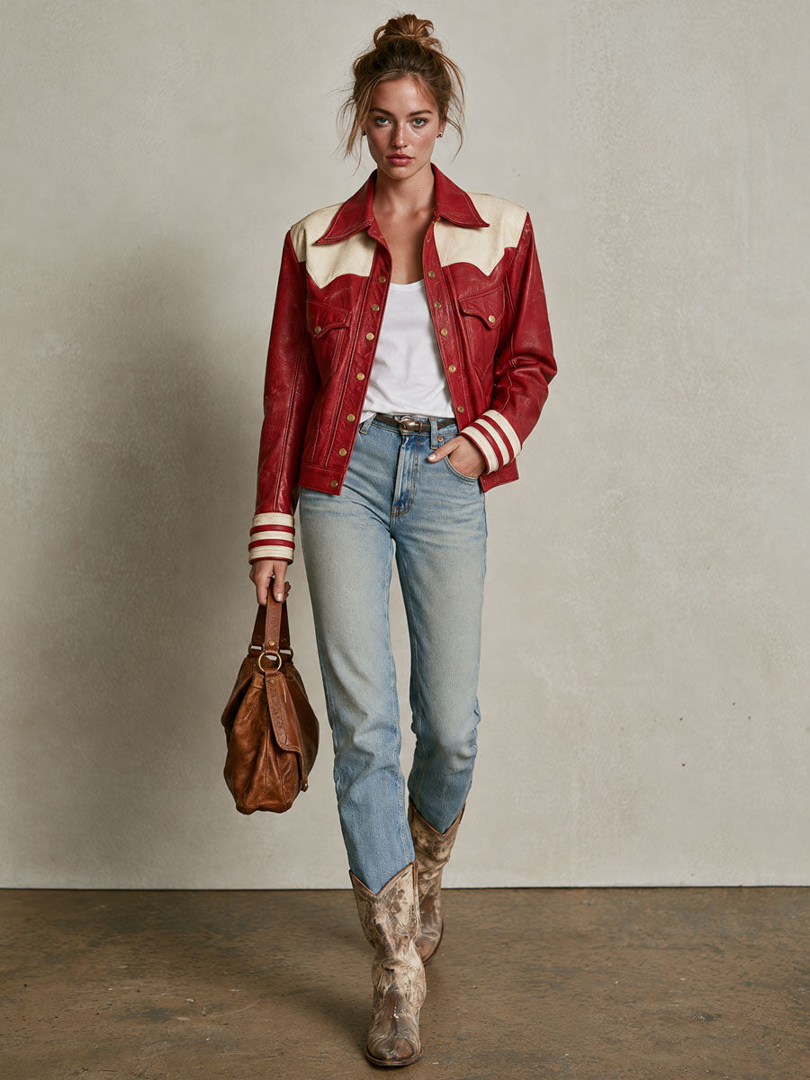 Retro Red Color-blocked Faux Leather Collar And Striped Cuff Jacket