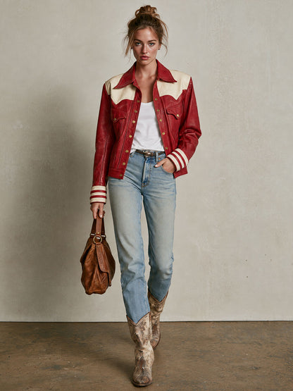 Retro Red Color-blocked Faux Leather Collar And Striped Cuff Jacket