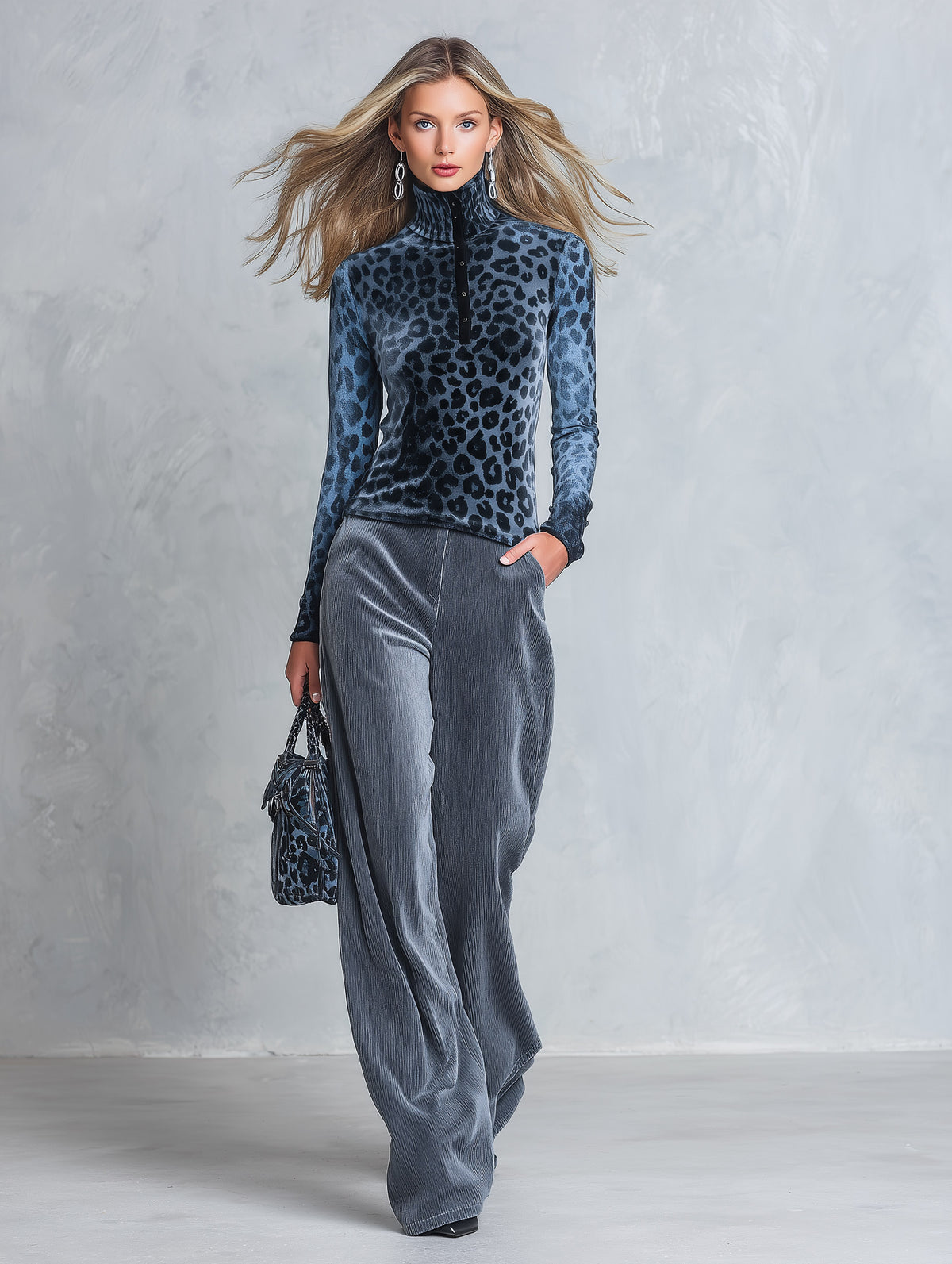 Stylish Retro Blue-Grey Leopard-Print High-Neck Top And Wide-Leg Pants Velvet Set
