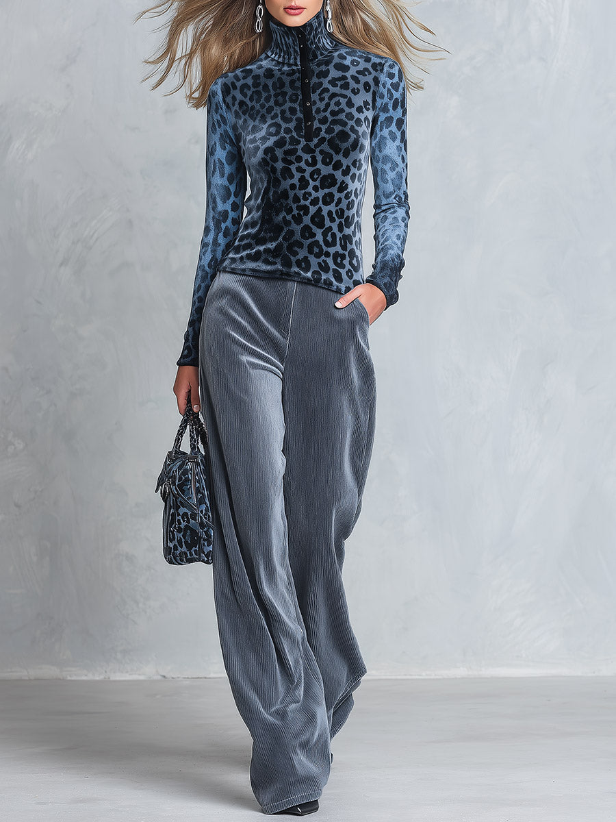 Stylish Retro Blue-Grey Leopard-Print High-Neck Top And Wide-Leg Pants Velvet Set