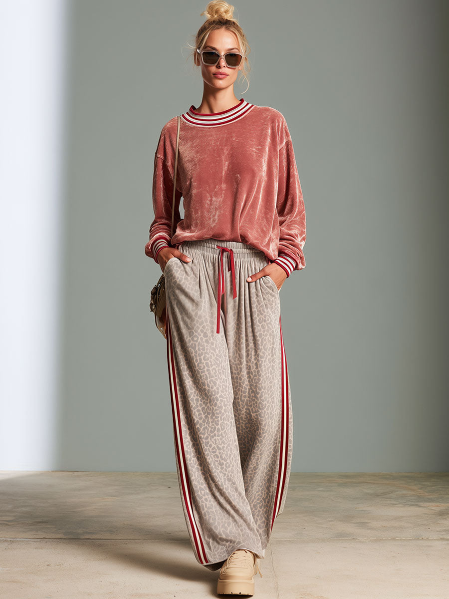 Casual Retro Pink Shiny Velvet Sweatshirt And Leopard Print Pants Set