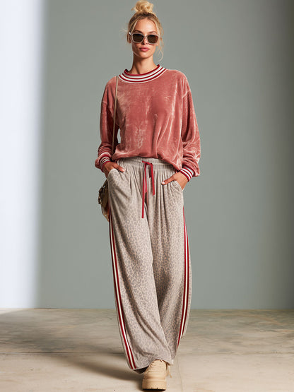 Casual Retro Pink Shiny Velvet Sweatshirt And Leopard Print Pants Set
