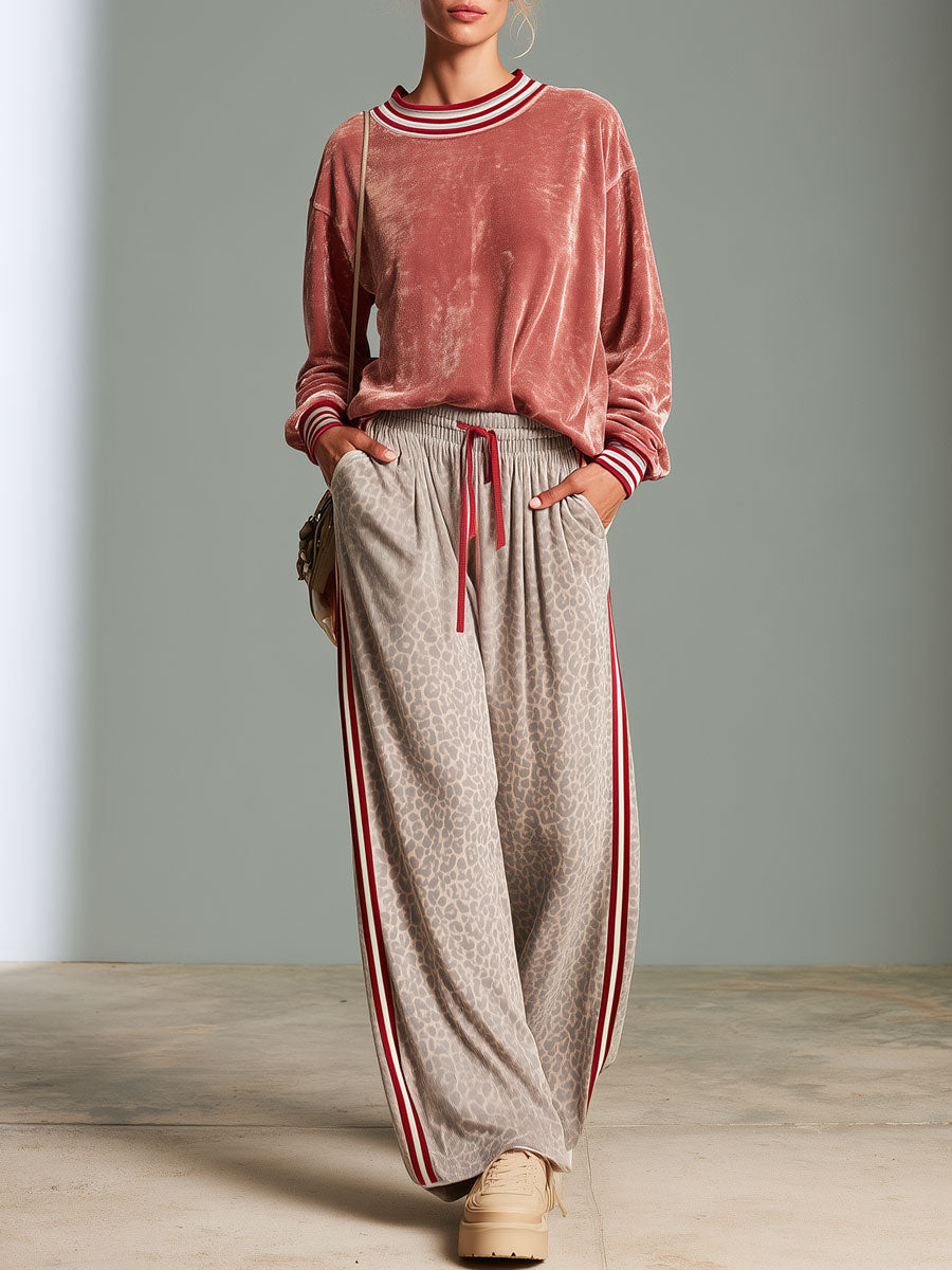 Casual Retro Pink Shiny Velvet Sweatshirt And Leopard Print Pants Set