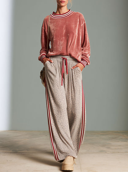 Casual Retro Pink Shiny Velvet Sweatshirt And Leopard Print Pants Set