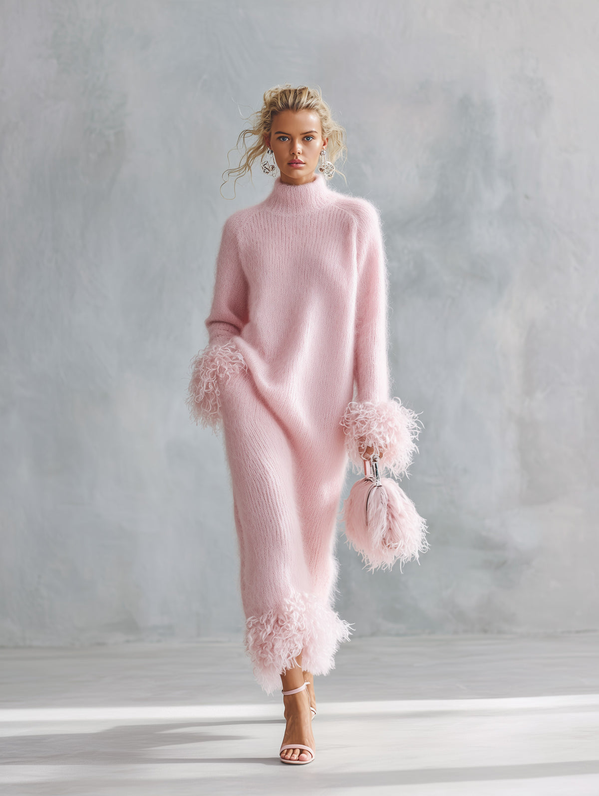 Stylish And Warm Faux-Fur Trimmed Pink Mock-Neck Mohair Knit Maxi Dress