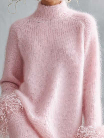 Stylish And Warm Faux-Fur Trimmed Pink Mock-Neck Mohair Knit Maxi Dress