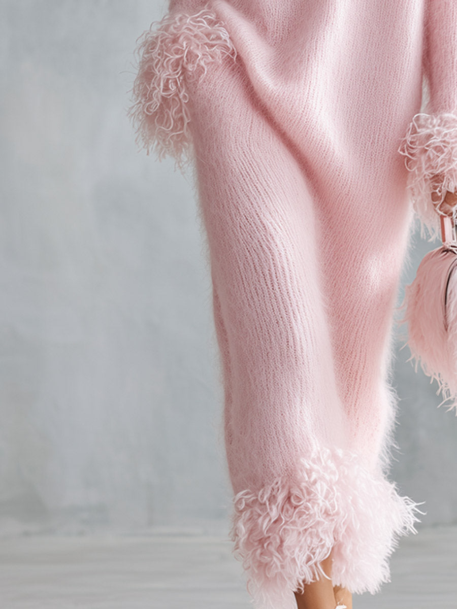 Stylish And Warm Faux-Fur Trimmed Pink Mock-Neck Mohair Knit Maxi Dress