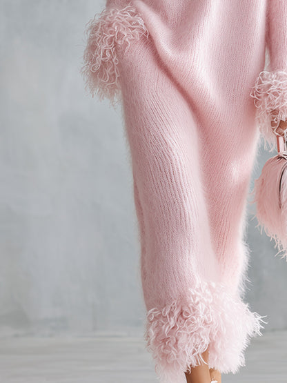 Stylish And Warm Faux-Fur Trimmed Pink Mock-Neck Mohair Knit Maxi Dress