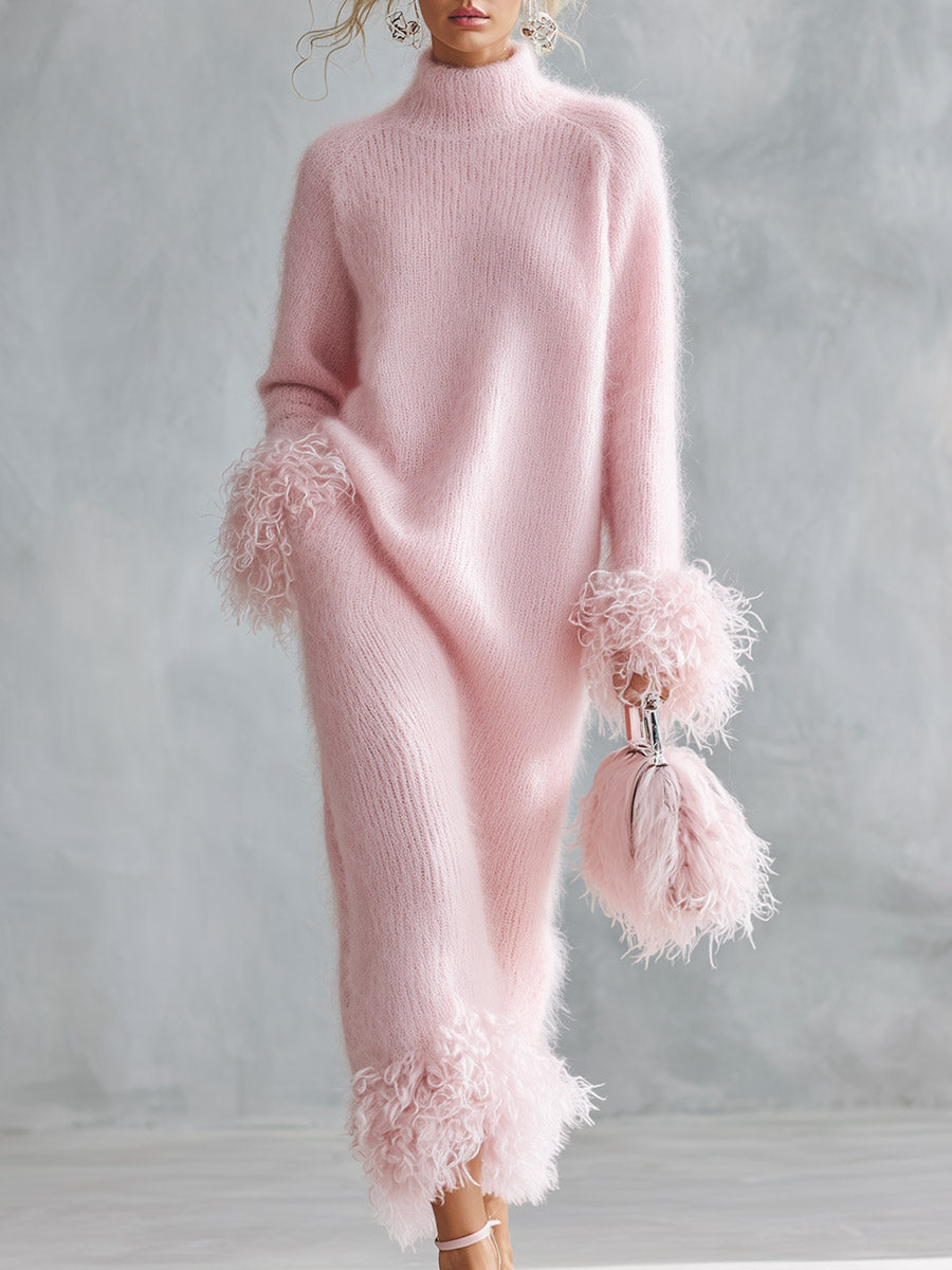 Stylish And Warm Faux-Fur Trimmed Pink Mock-Neck Mohair Knit Maxi Dress