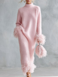 Stylish And Warm Faux-Fur Trimmed Pink Mock-Neck Mohair Knit Maxi Dress