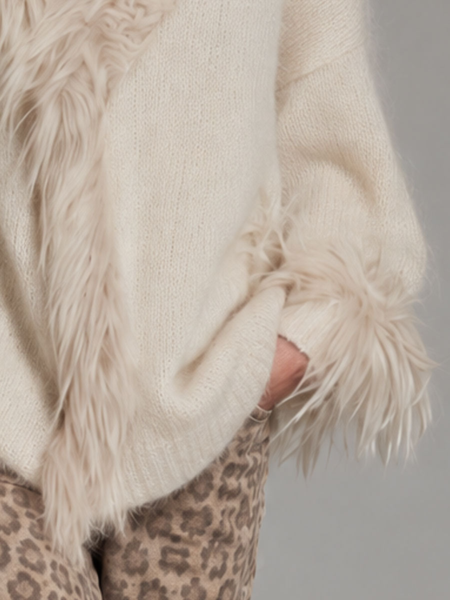 Retro Elegant Beige Faux Fox Fur Trim V-neck Knit Sweater