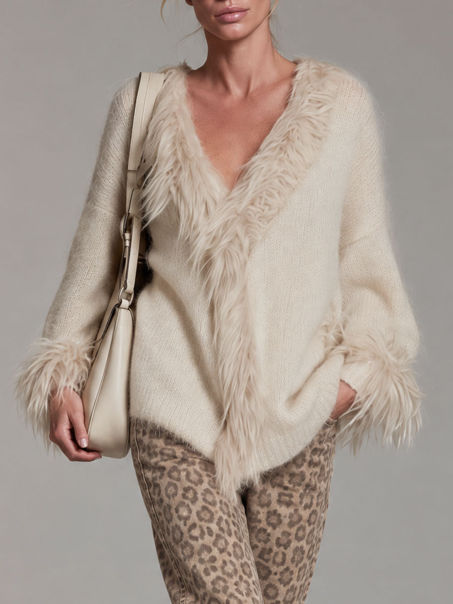Retro Elegant Beige Faux Fox Fur Trim V-neck Knit Sweater