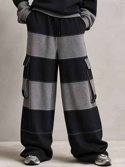 Casual Sports Black And Gray Striped Cotton Crew Neck Sweatshirt And Pants Set