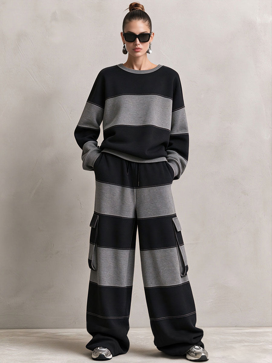 Casual Sports Black And Gray Striped Cotton Crew Neck Sweatshirt And Pants Set