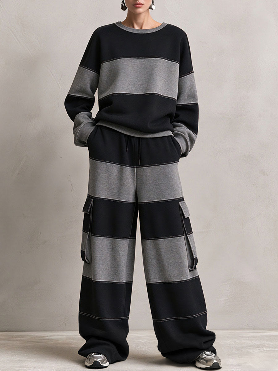 Casual Sports Black And Gray Striped Cotton Crew Neck Sweatshirt And Pants Set