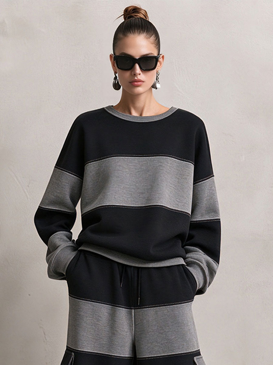 Casual Sports Black And Gray Striped Cotton Crew Neck Sweatshirt And Pants Set
