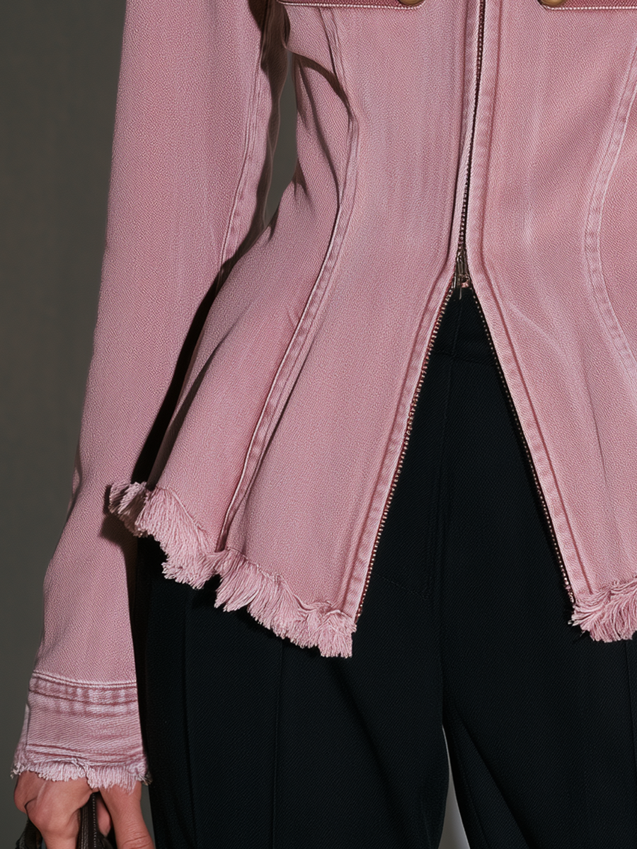 Vintage Military Pink Frayed Trim Zip Up Fitted Peplum Denim Jacket