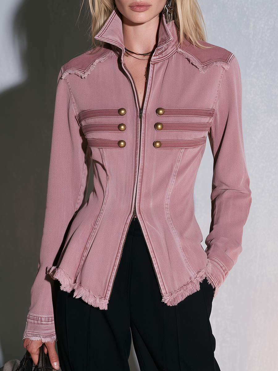 Vintage Military Pink Frayed Trim Zip Up Fitted Peplum Denim Jacket