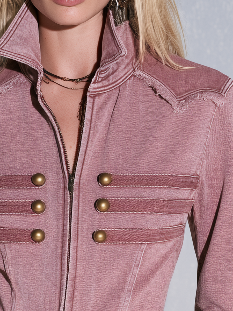 Vintage Military Pink Frayed Trim Zip Up Fitted Peplum Denim Jacket