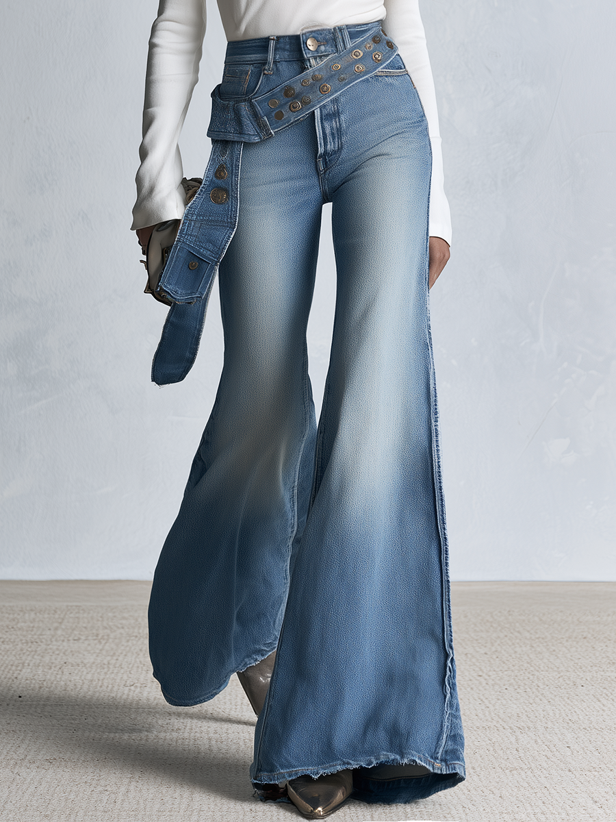 Western Chic Studded Belt Detail Light Wash High Rise Flare Jeans