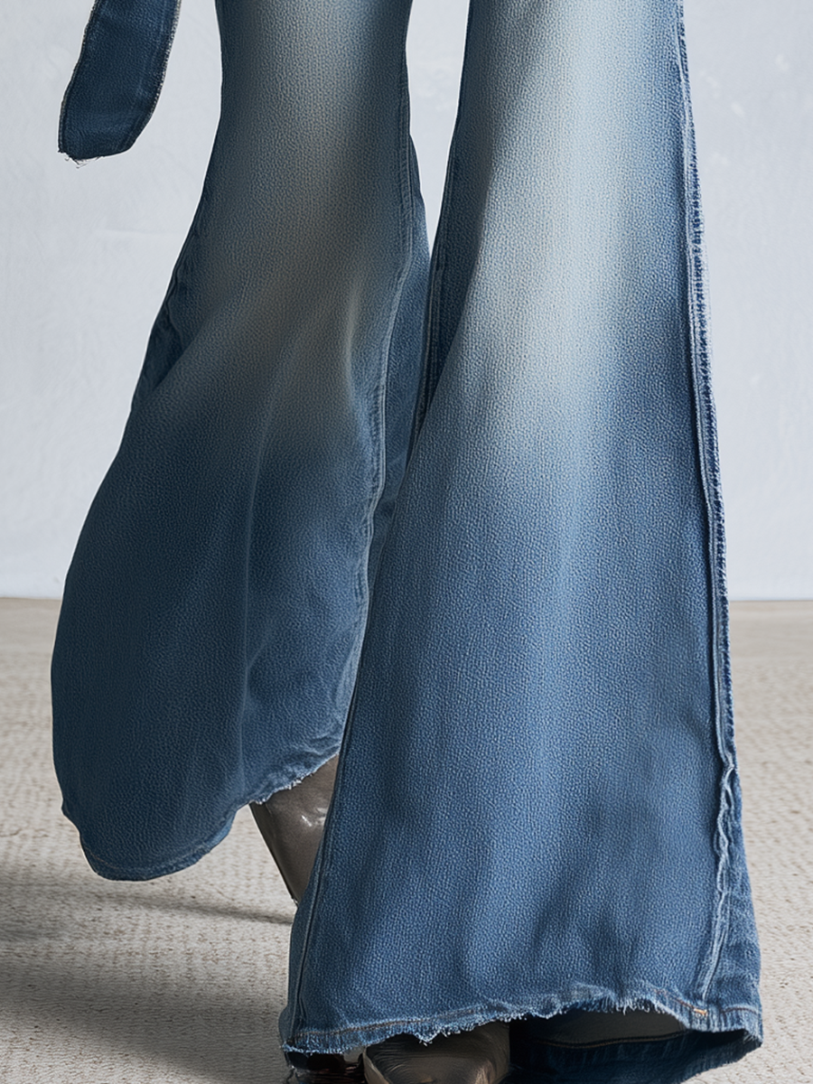 Western Chic Studded Belt Detail Light Wash High Rise Flare Jeans