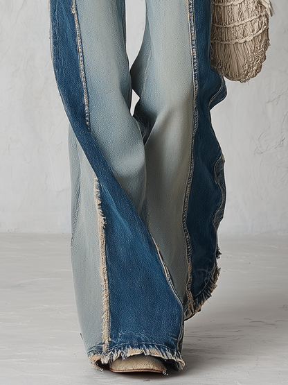 Vintage Two-Tone Patchwork Frayed Seam High Rise Wide Leg Jeans