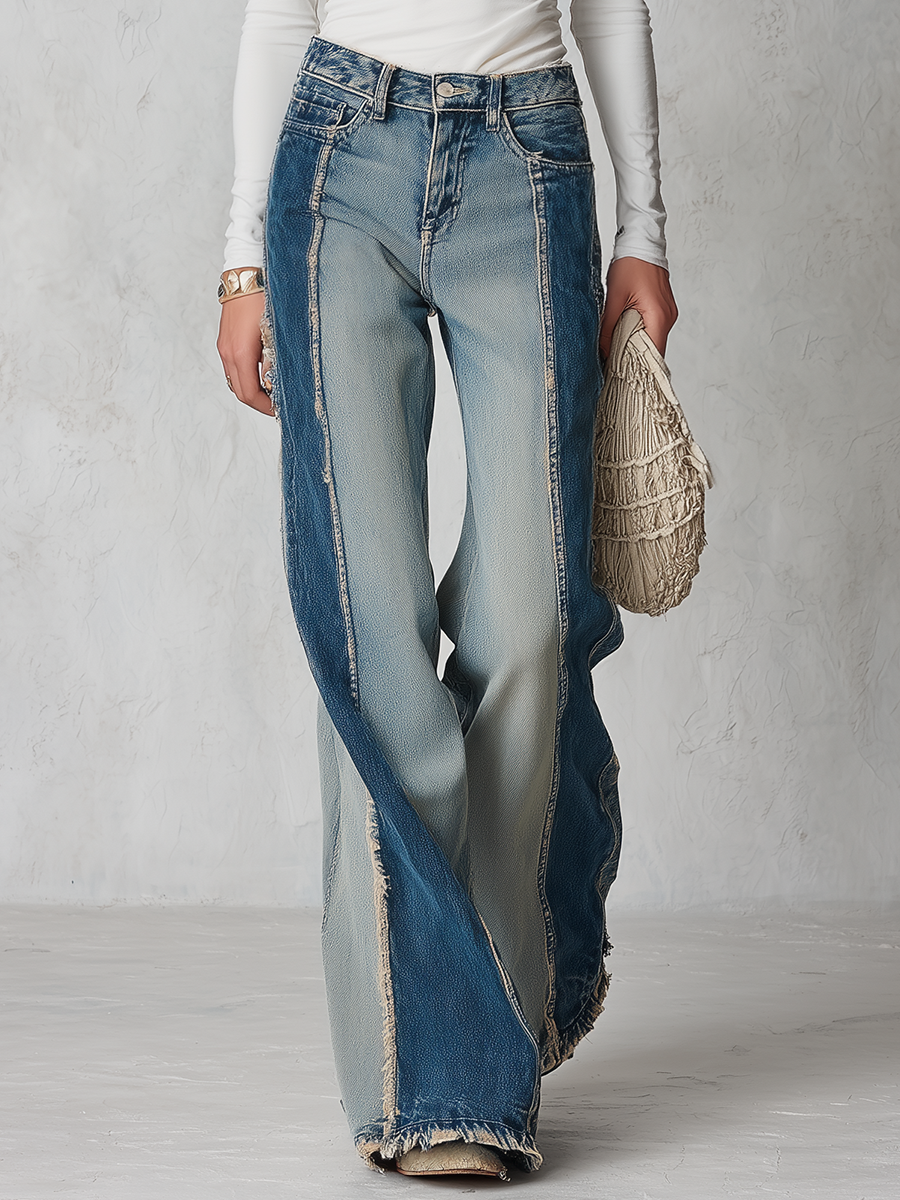 Vintage Two-Tone Patchwork Frayed Seam High Rise Wide Leg Jeans