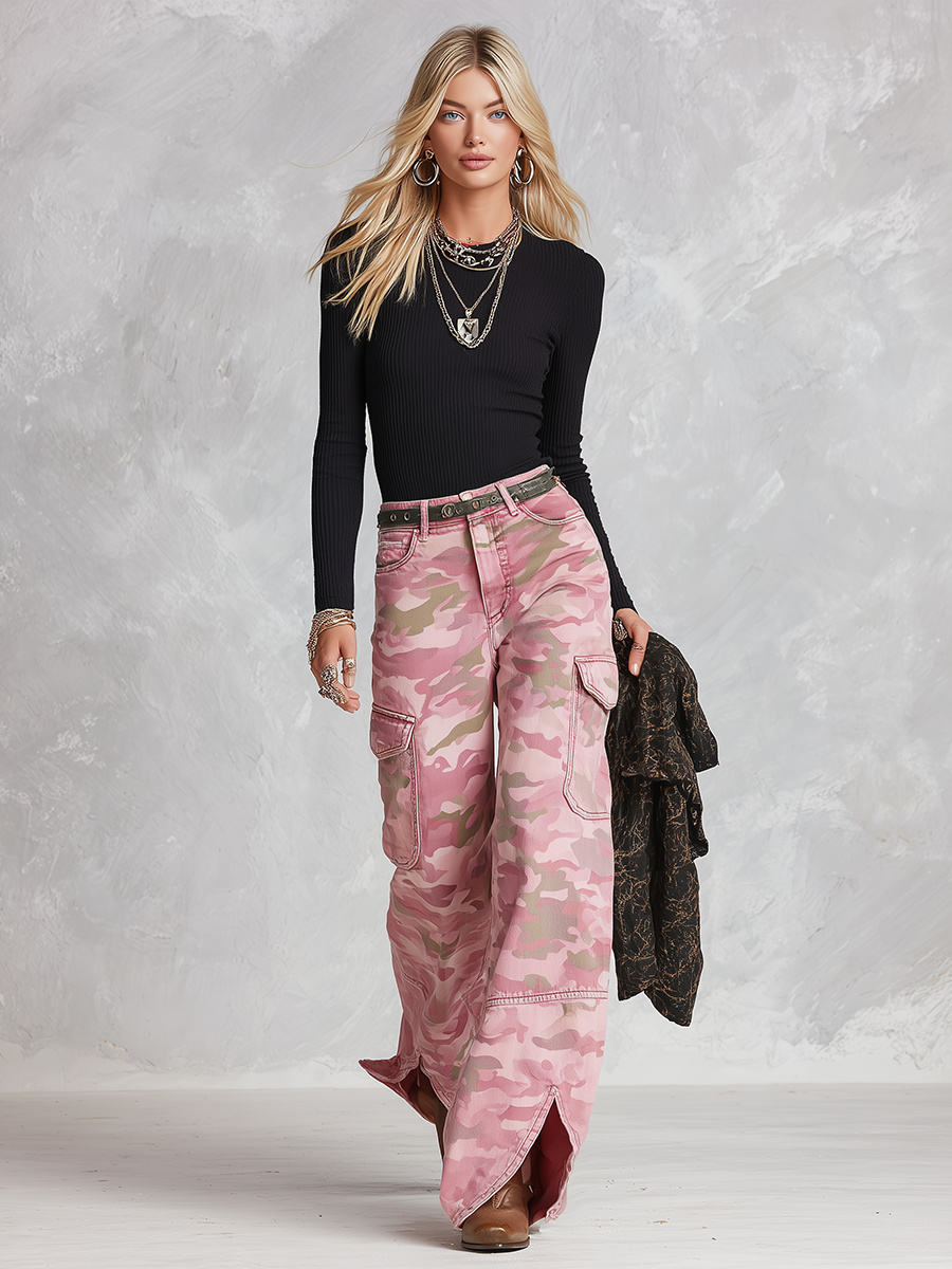 Modern Utility Pink Camo Cargo Pocket Split Hem Wide Leg Jeans