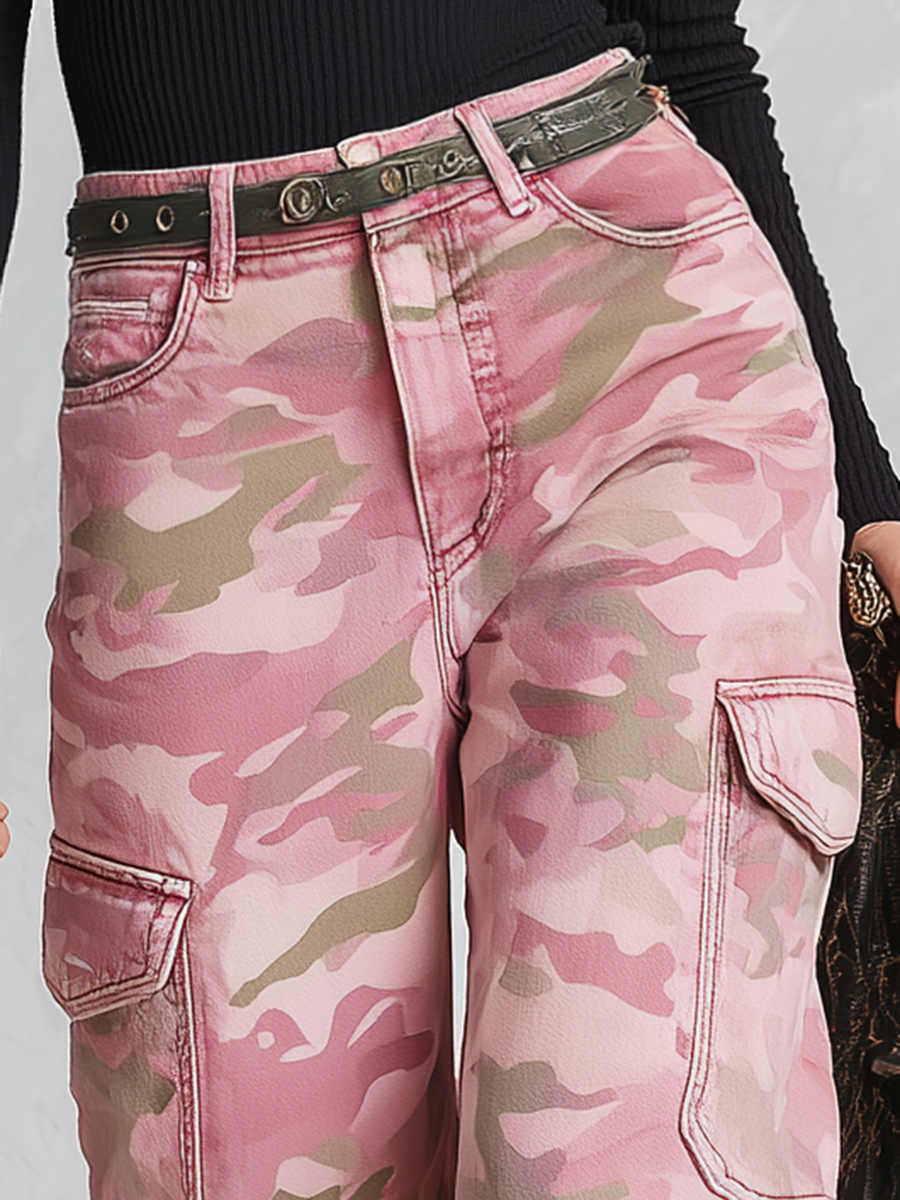Modern Utility Pink Camo Cargo Pocket Split Hem Wide Leg Jeans