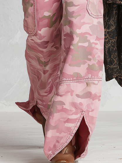 Modern Utility Pink Camo Cargo Pocket Split Hem Wide Leg Jeans