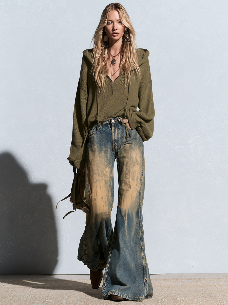 Retro Boho Mud Wash Distressed High Rise Bell Bottom Flare Jeans