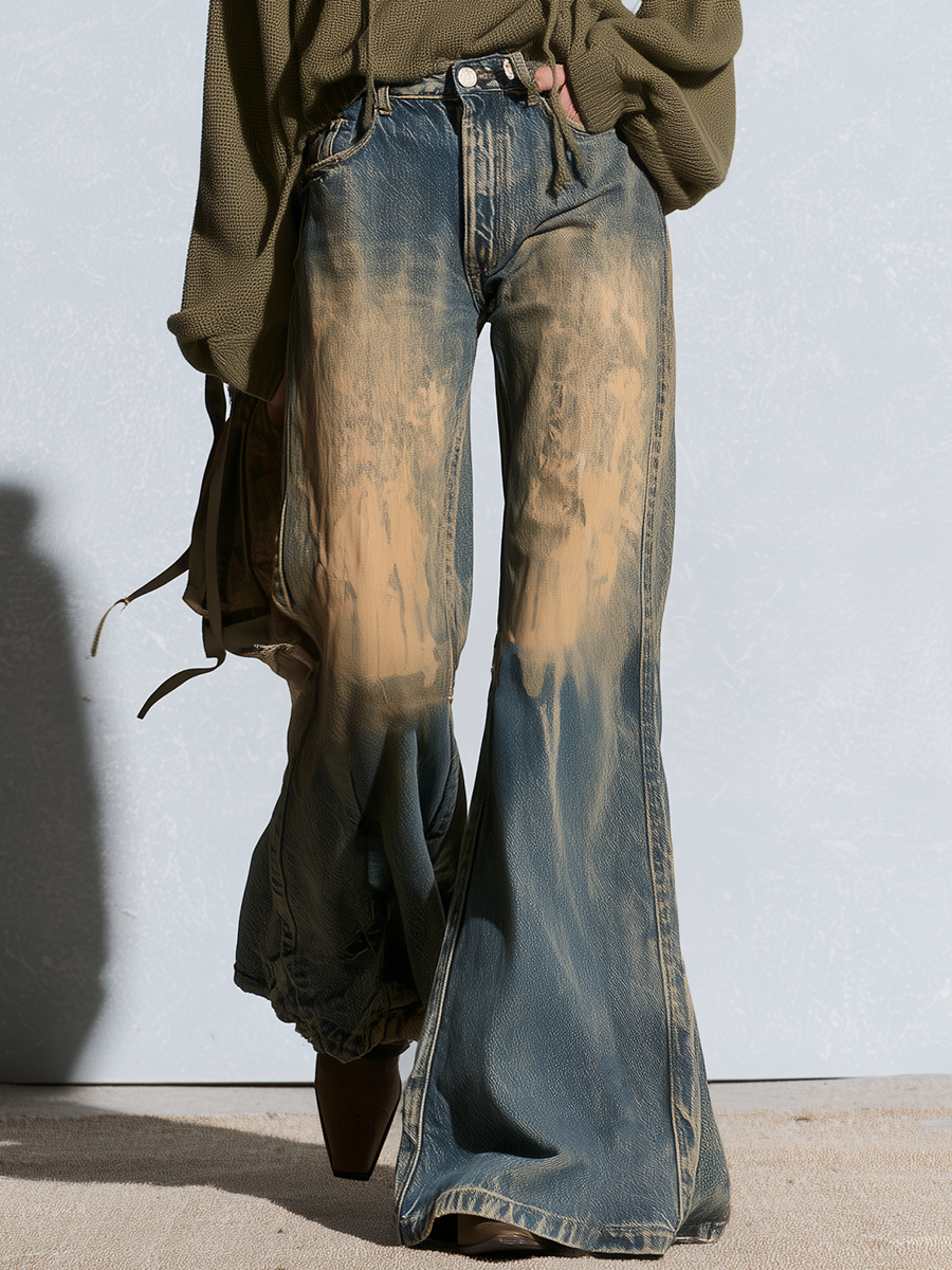 Retro Boho Mud Wash Distressed High Rise Bell Bottom Flare Jeans