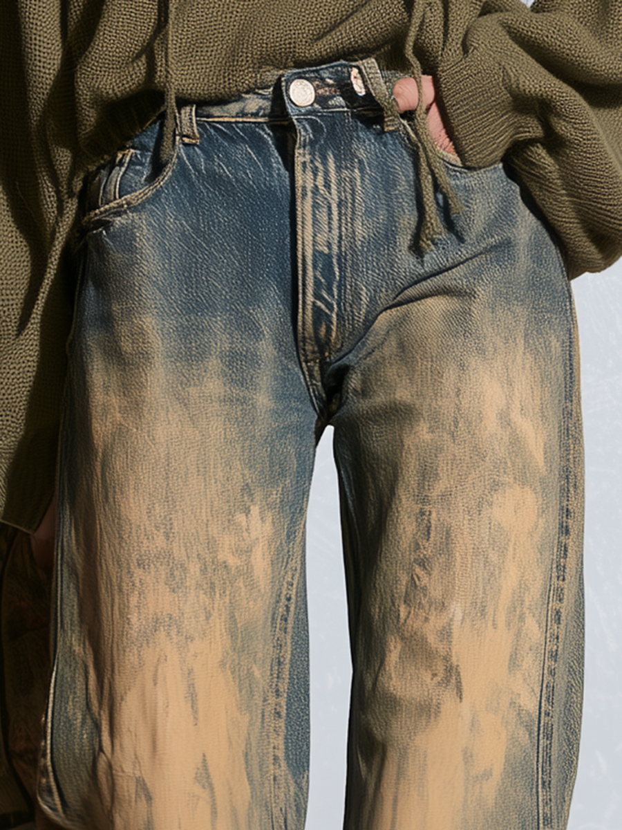 Retro Boho Mud Wash Distressed High Rise Bell Bottom Flare Jeans
