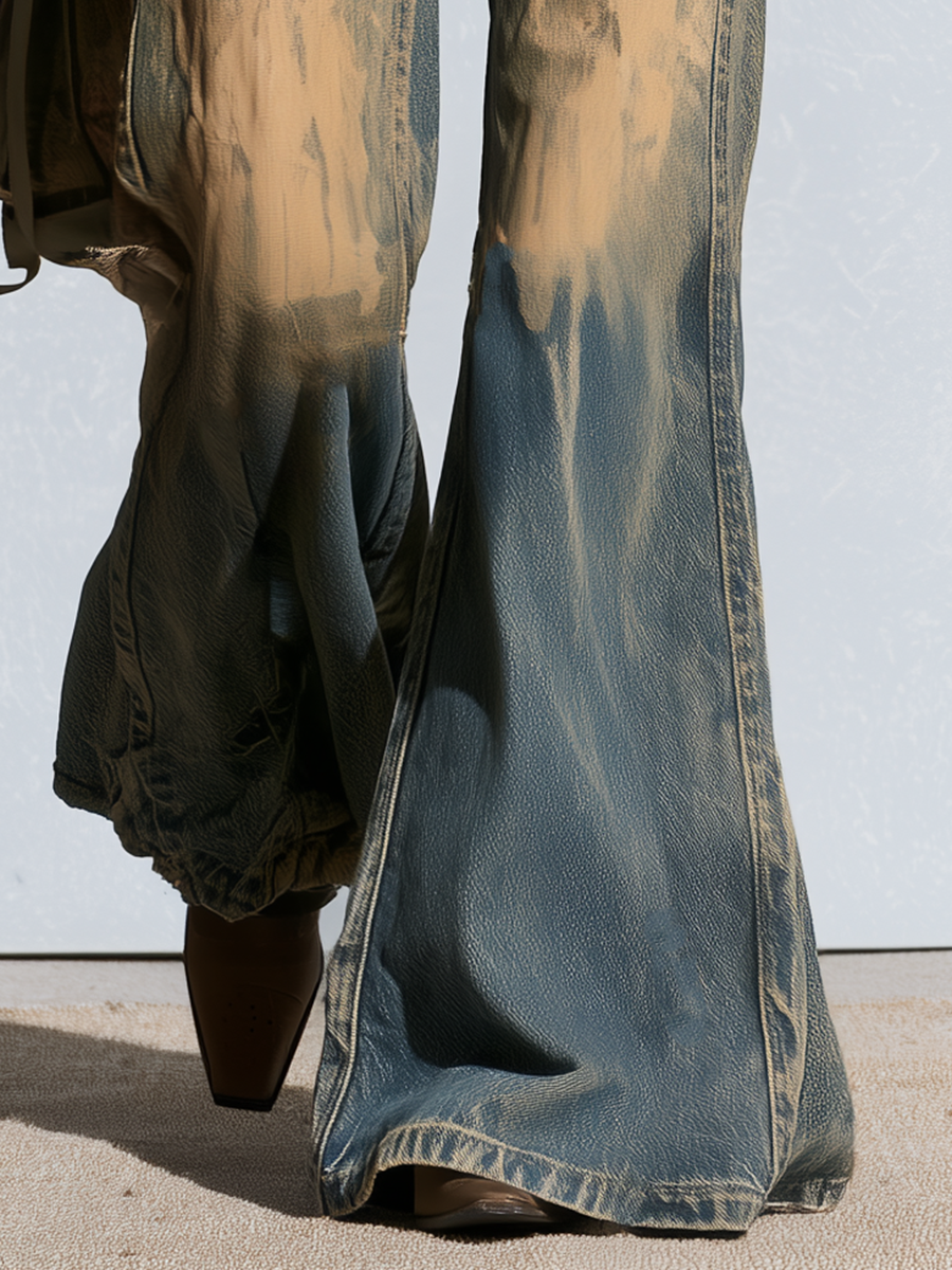 Retro Boho Mud Wash Distressed High Rise Bell Bottom Flare Jeans