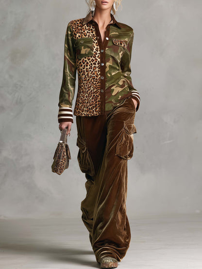 Vintage Military Leopard Print Camo Button-Down Shirt And Velvet Cargo Pants Set
