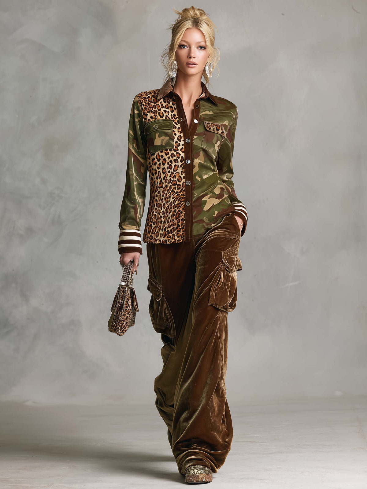 Vintage Military Leopard Print Camo Button-Down Shirt And Velvet Cargo Pants Set