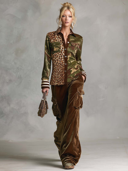 Vintage Military Leopard Print Camo Button-Down Shirt And Velvet Cargo Pants Set
