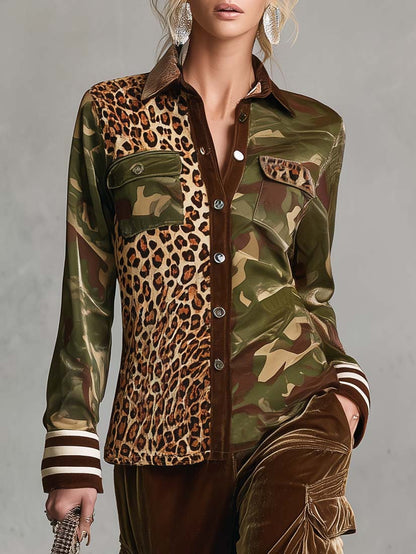 Vintage Military Leopard Print Camo Button-Down Shirt And Velvet Cargo Pants Set